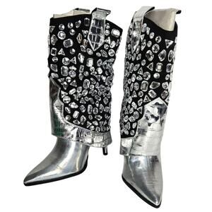 Lauren Lorraine Hana Metallic Silver Jewel Stiletto Heel Cowboy Boots NIB Sz 7.5